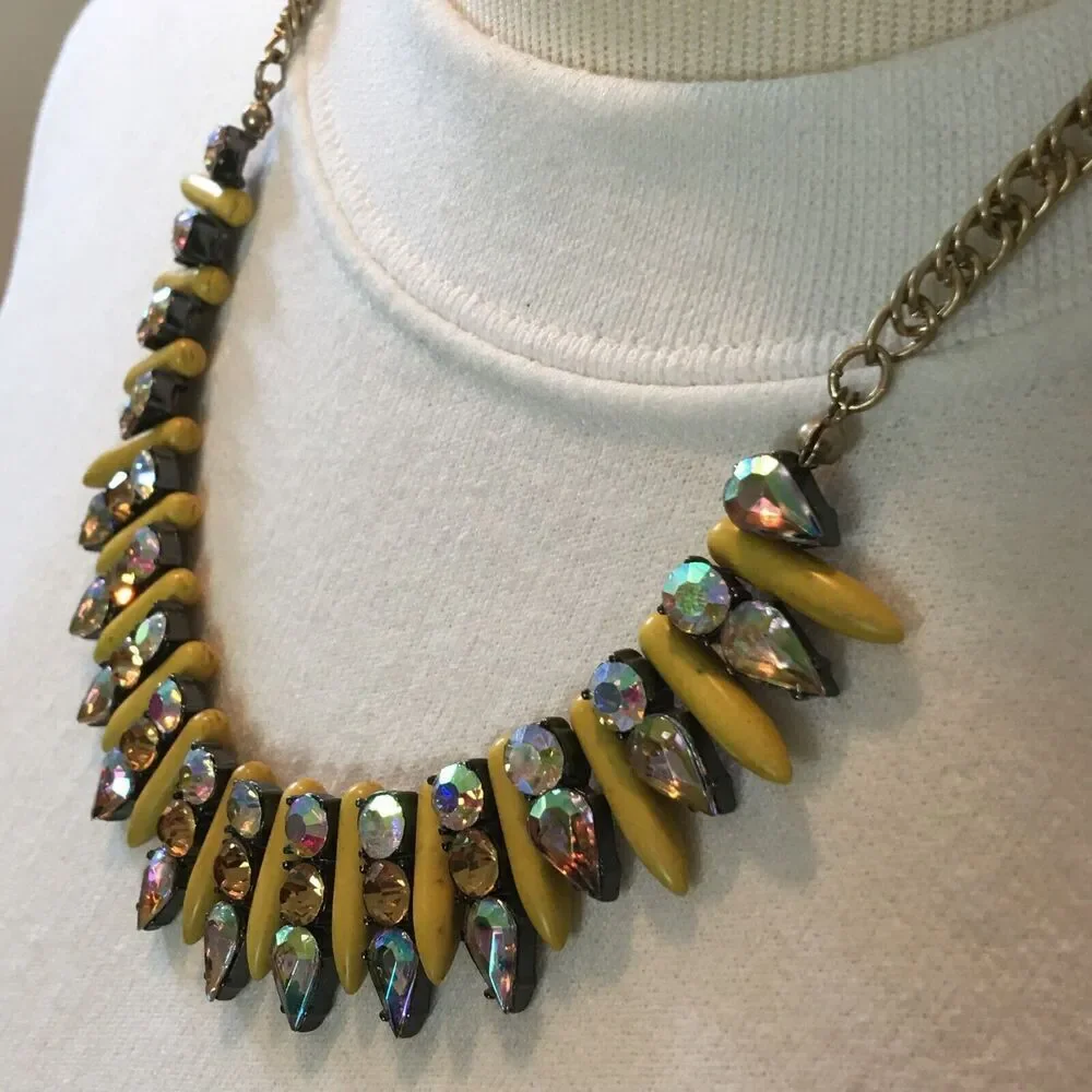 Rhinestone Necklace 21 Inch Gold Tone Chain Yellow Spike Statement Necklace